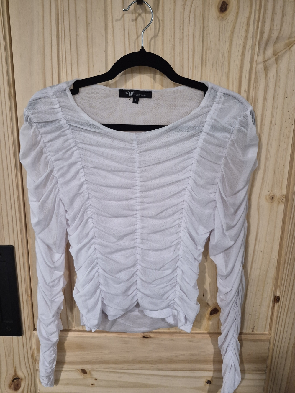 YMI Collection White Mesh Ruched Long Sleeve Blouse